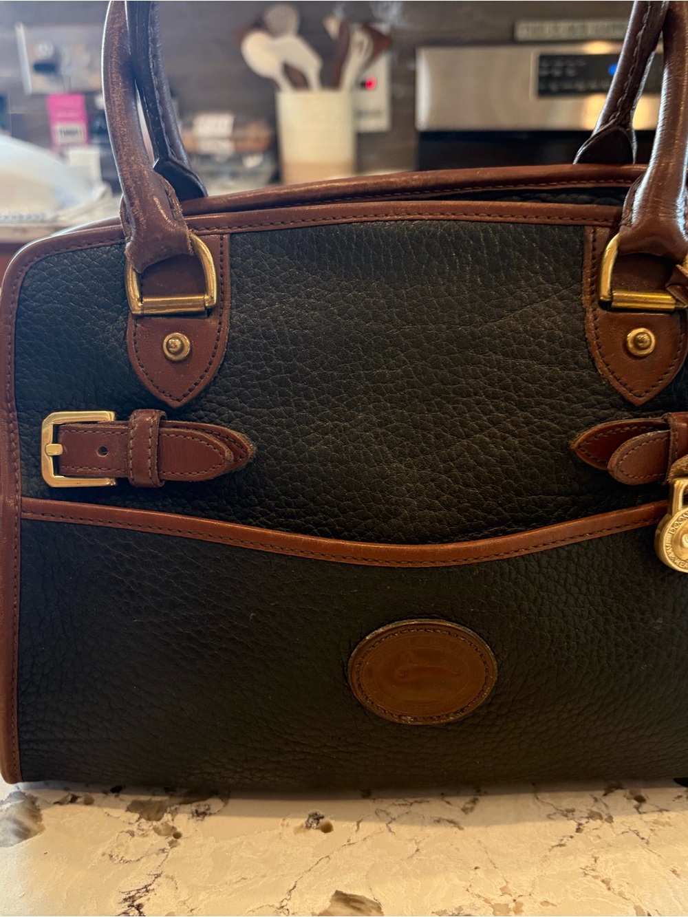 Vintage Dooney & Bourke Brown Trim Black Pebbled Leather Satchel B212